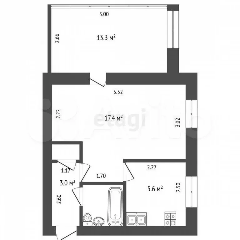 2-к. квартира, 42,8 м, 2/5 эт. - Фото 0