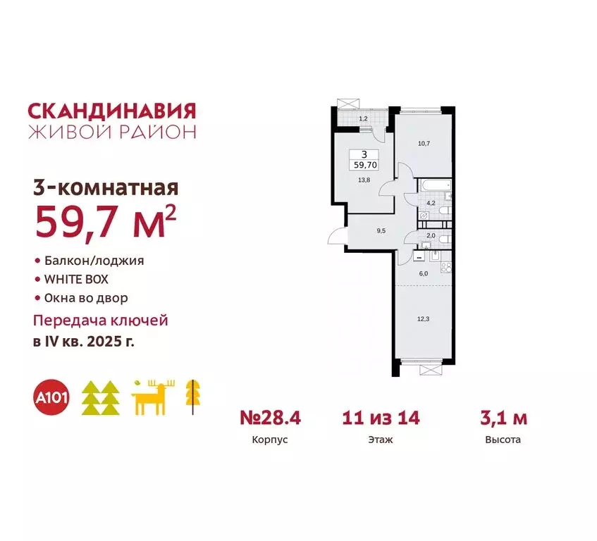 3-комнатная квартира: поселение Сосенское, квартал № 167 (59.7 м) - Фото 0