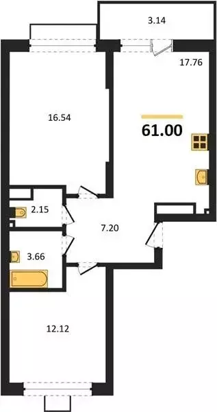 Квартира, 2 комнаты, 61 м - Фото 0