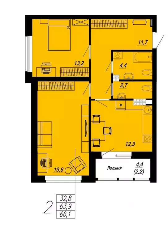 2-к кв. Свердловская область, Екатеринбург ул. Блюхера, 93 (62.7 м) - Фото 1