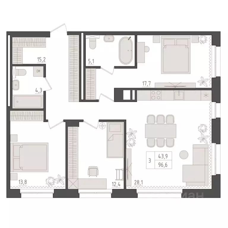 3-к кв. Башкортостан, Уфа 563-й кв-л,  (96.6 м) - Фото 1
