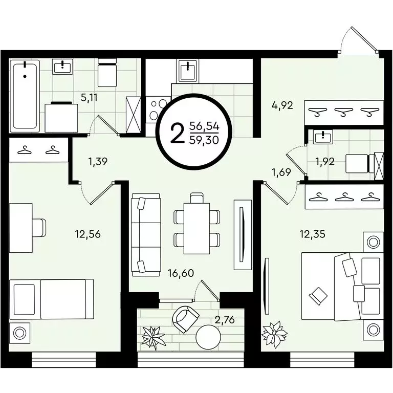 2-комнатная квартира: Тюмень, улица Александра Звягина, 4 (59.3 м) - Фото 1