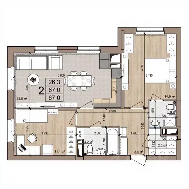 2-к кв. Рязанская область, Рязань ул. Новоселов, 33Б (67.0 м) - Фото 1