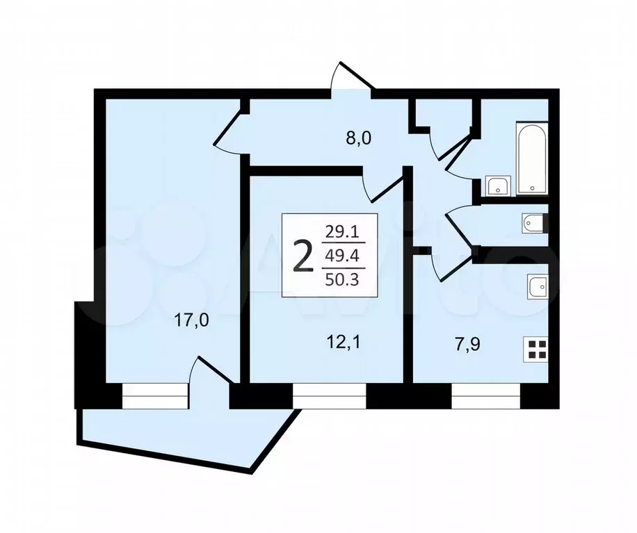 2-к. квартира, 49,4 м, 6/9 эт. - Фото 0