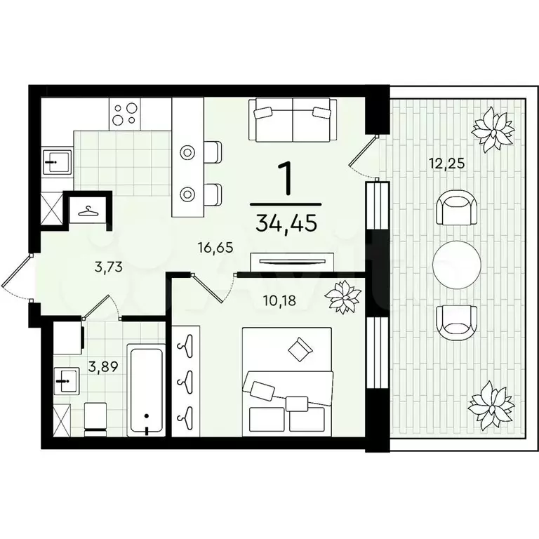 1-к. квартира, 34.5 м, 1/4 эт. - Фото 0