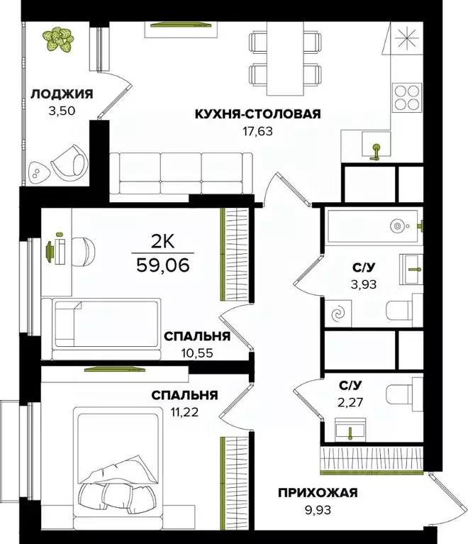 2-к кв. Тульская область, Тула  (59.06 м) - Фото 0