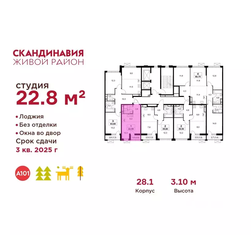 Студия Москва Скандинавия жилой комплекс, 28.1 (22.8 м) - Фото 1
