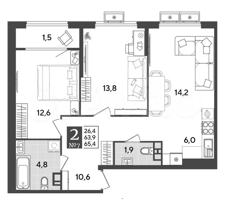 2-к. квартира, 65,4 м, 3/9 эт. - Фото 1