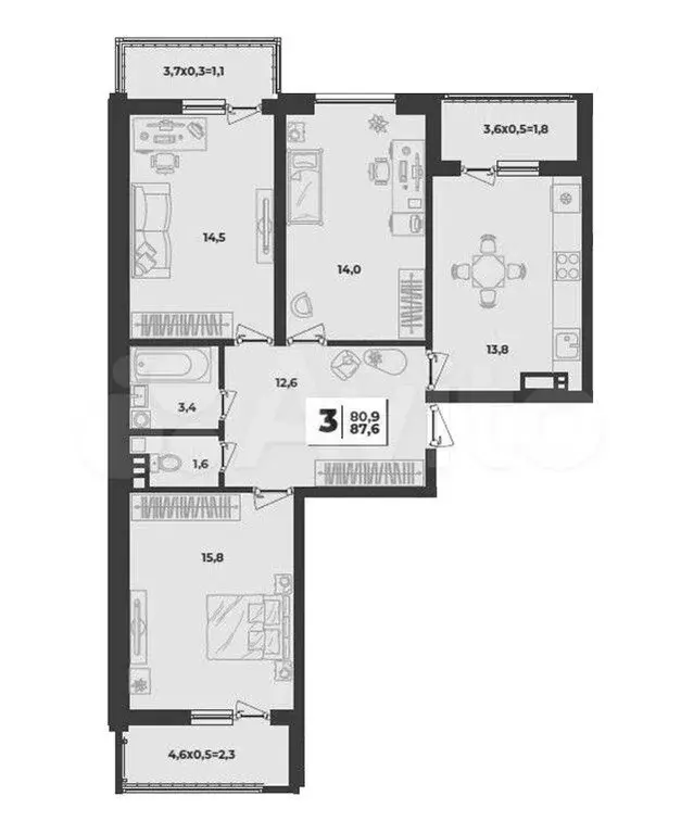 3-к. квартира, 80,9 м, 3/9 эт. - Фото 1
