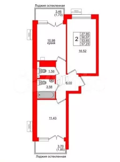 2-к. квартира, 57,2 м, 4/6 эт. - Фото 1