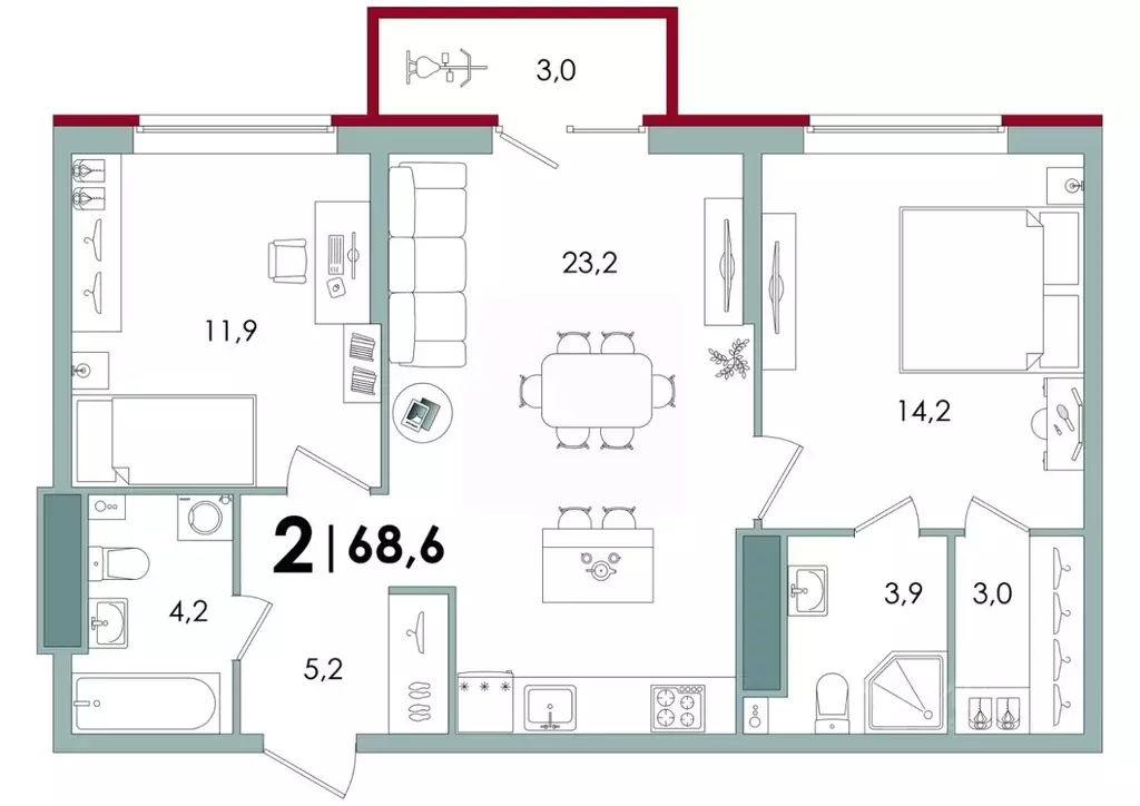 2-к кв. Тверская область, Тверь Южный жилой комплекс (68.6 м) - Фото 1