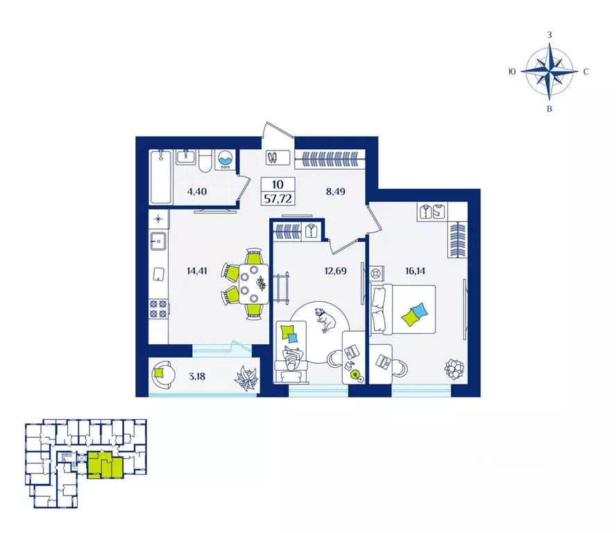 2-к кв. Калининградская область, Зеленоградск  (57.72 м) - Фото 1