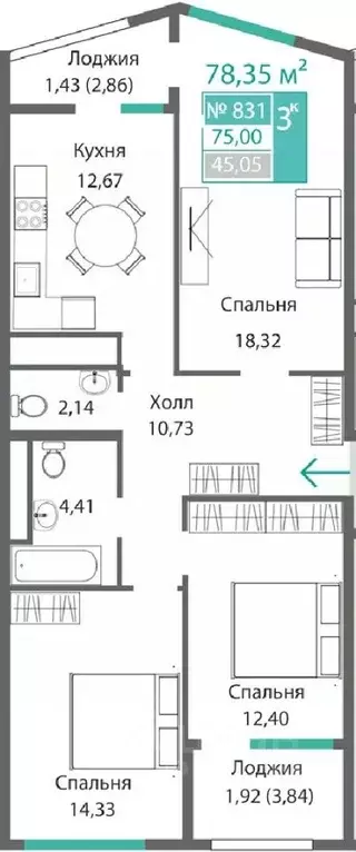 3-к кв. Крым, Симферополь Крымская роза мкр,  (78.35 м) - Фото 0