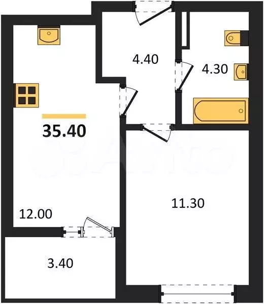 1-к. квартира, 35,4 м, 8/8 эт. - Фото 1