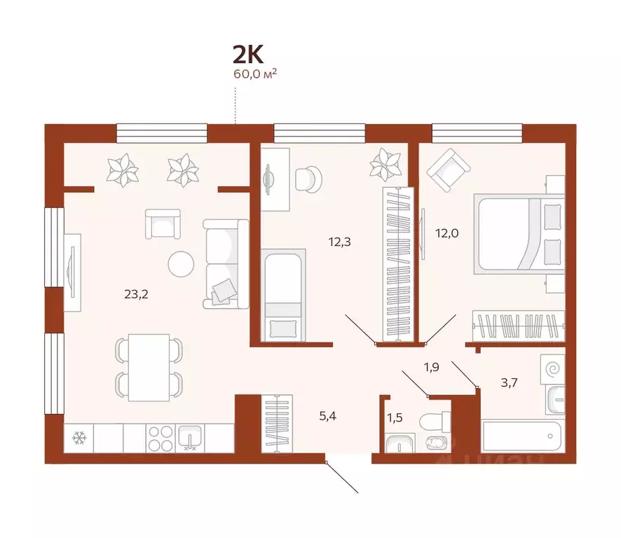 2-к кв. Тюменская область, Тюмень  (59.97 м) - Фото 0