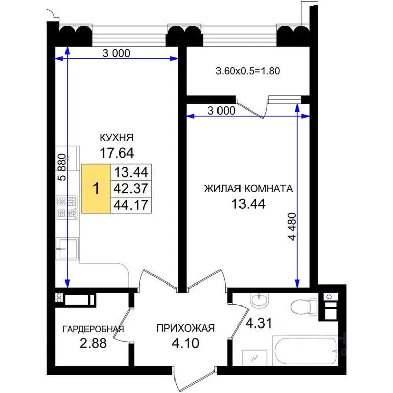 1-к кв. Краснодарский край, Новороссийск 5-я Бригада мкр,  (44.17 м) - Фото 0
