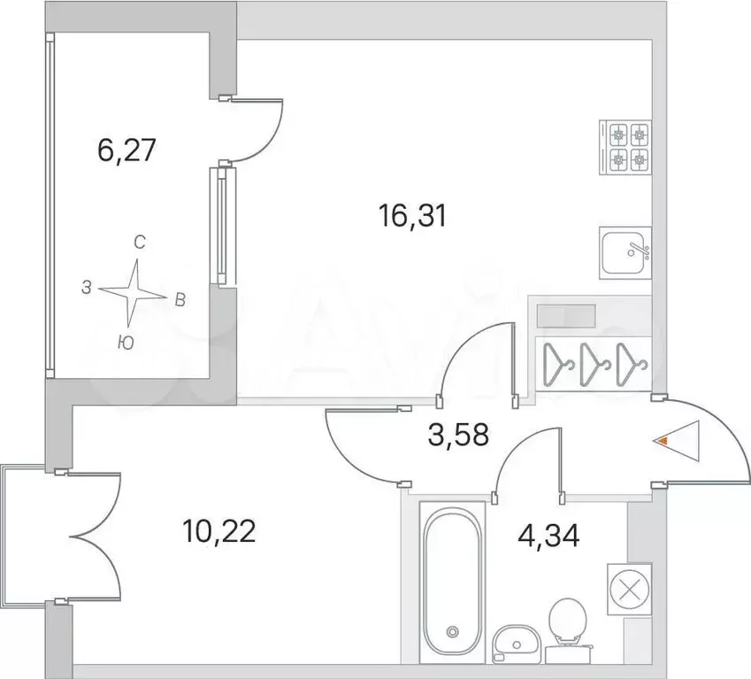 1-к. квартира, 34,4 м, 4/4 эт. - Фото 1