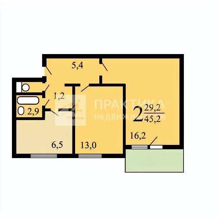 Квартира, 2 комнаты, 44.3 м - Фото 0