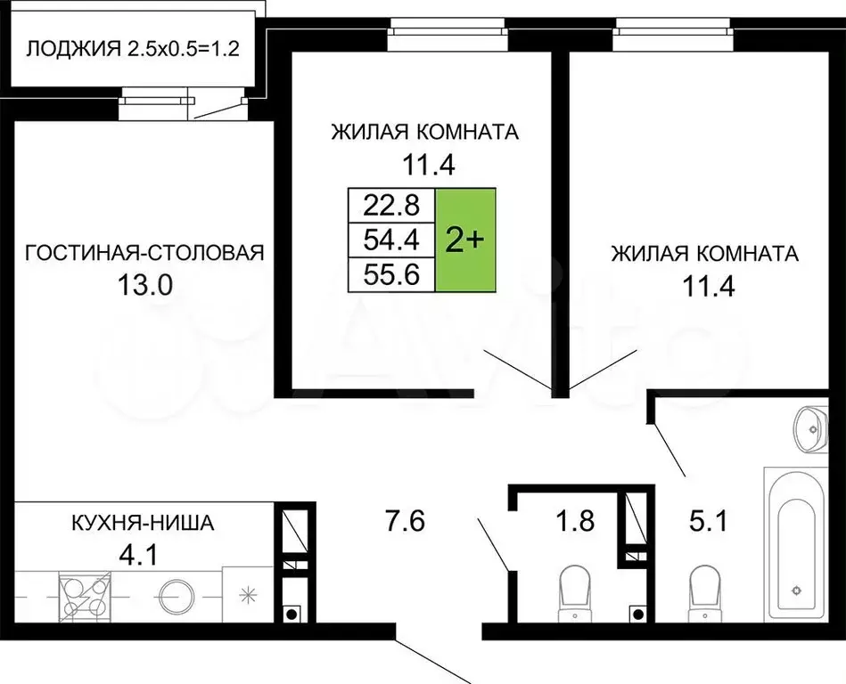 2-к. квартира, 55,6м, 12/16эт. - Фото 0