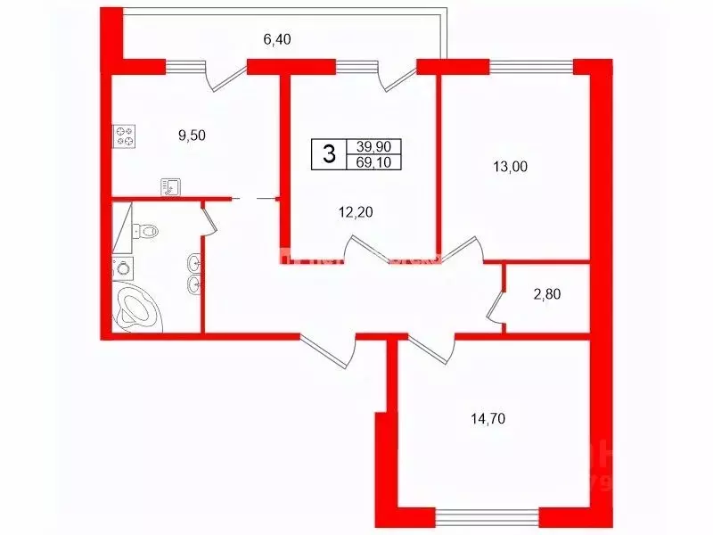 3-к кв. Санкт-Петербург просп. Народного ополчения, 10 (69.1 м) - Фото 1
