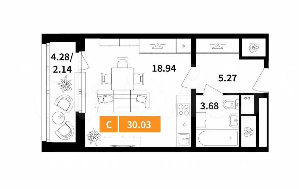 Квартира-студия, 30м, 8/17эт. - Фото 0