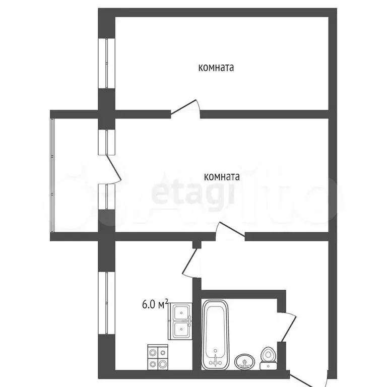 2-к. квартира, 44,1 м, 5/5 эт. - Фото 1