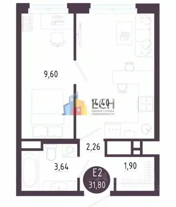 1-к кв. Тульская область, Тула ул. Пряничная, 5 (31.9 м) - Фото 2