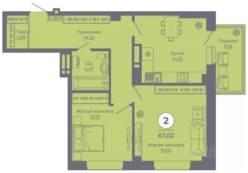 2-к кв. Ростовская область, Ростов-на-Дону ул. Еременко, 113 (66.75 м) - Фото 1