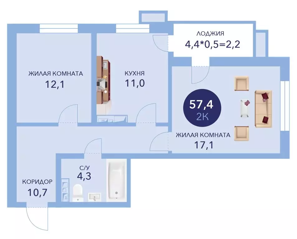 2-комнатная квартира: Анапа, улица Ленина, 241к2 (57.4 м) - Фото 0