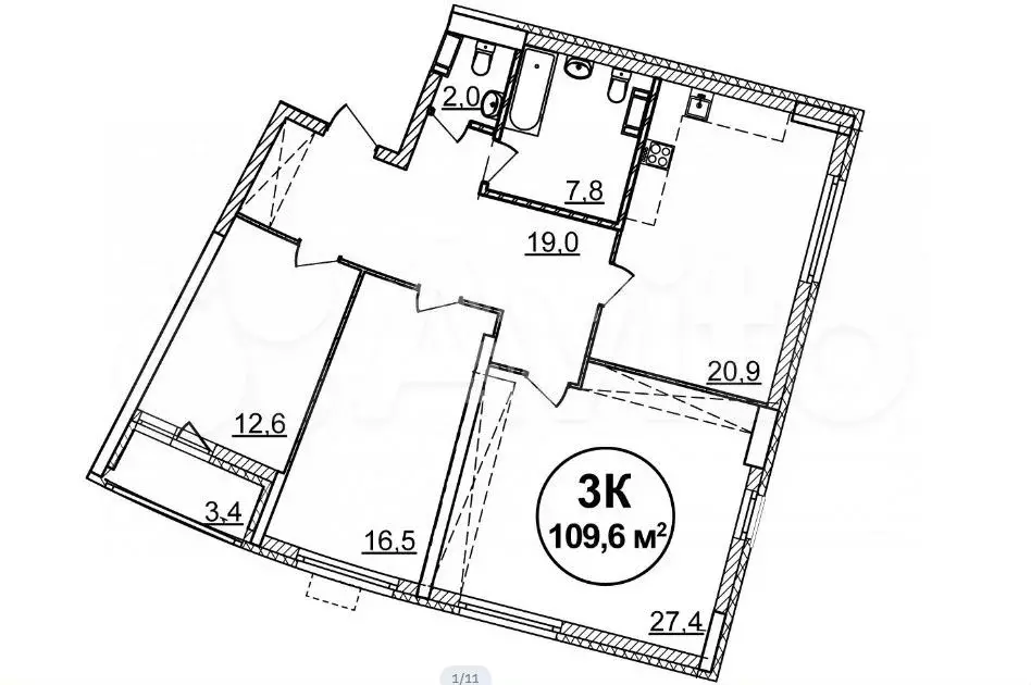 3-к. квартира, 109,6 м, 16/27 эт. - Фото 0