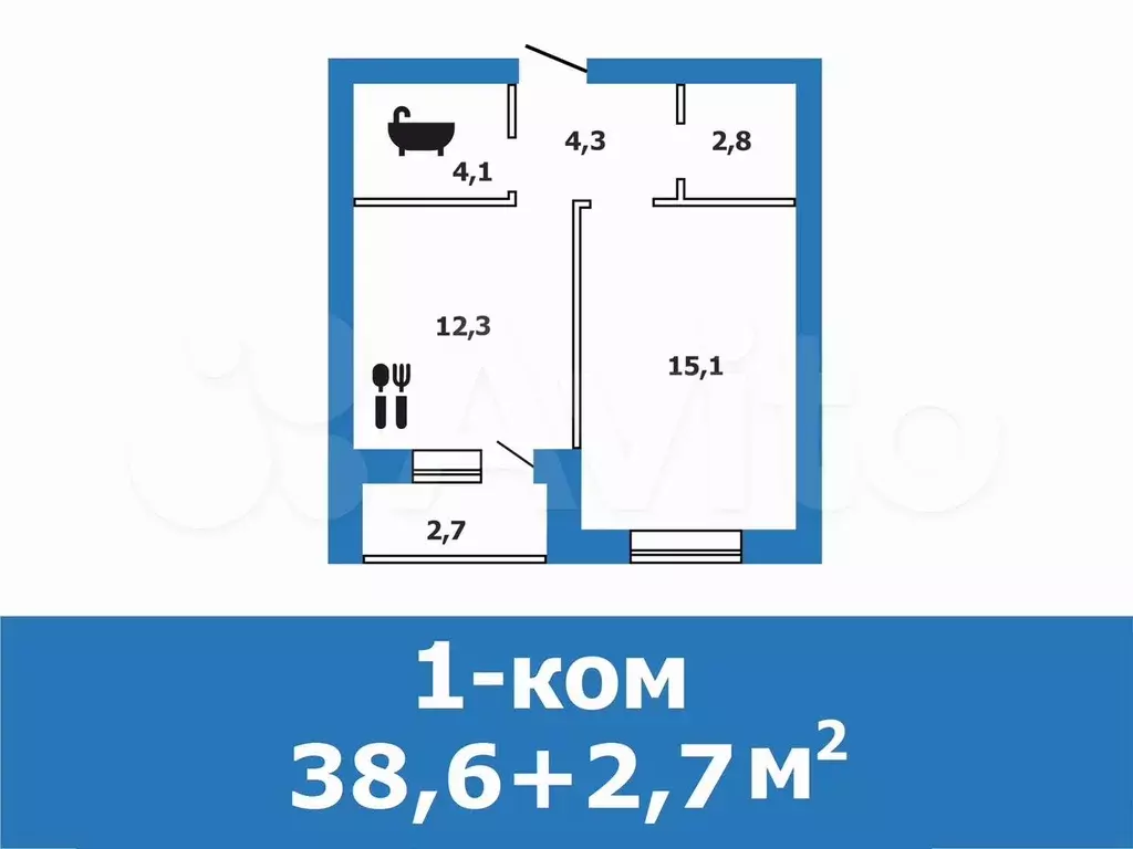 1-к. квартира, 38,6 м, 1/4 эт. - Фото 1