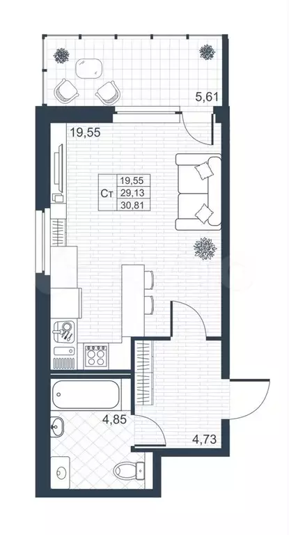 Квартира-студия, 28,8 м, 1/9 эт. - Фото 0