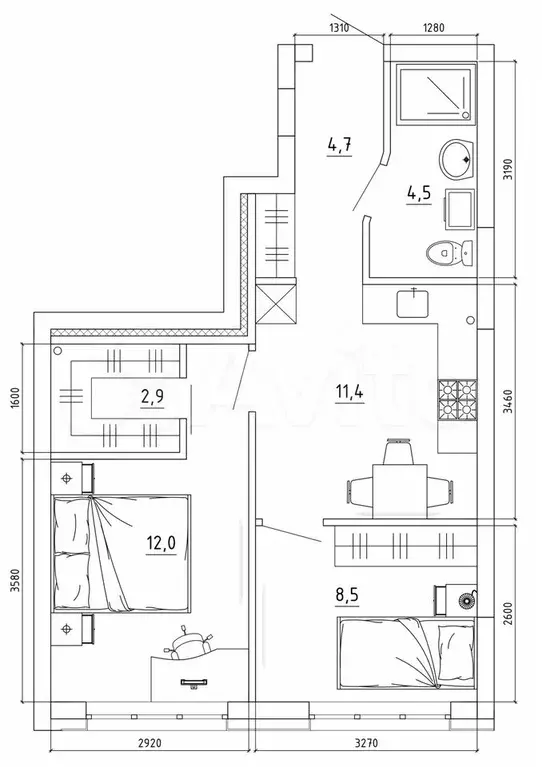 2-к. квартира, 45 м, 5/15 эт. - Фото 1