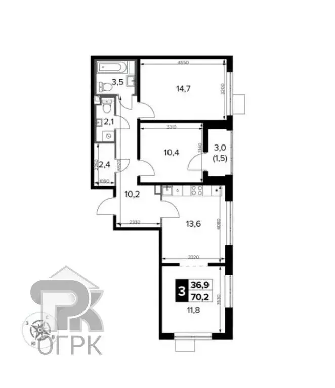 3-комнатная квартира: деревня Сапроново, ЖК 1-й Донской, 2 (70.2 м) - Фото 1