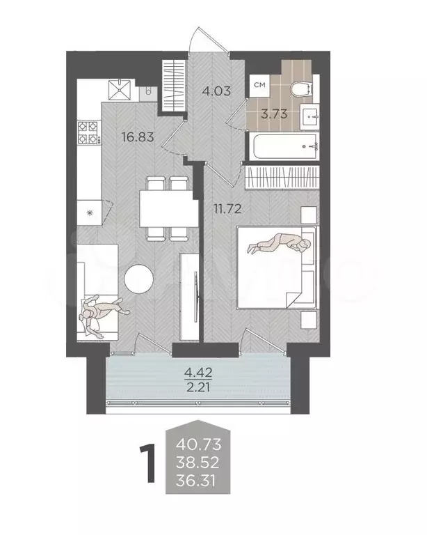 1-к. квартира, 38,5 м, 9/9 эт. - Фото 1