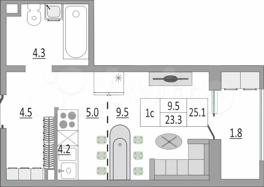 Квартира-студия, 25,1 м, 4/19 эт. - Фото 0