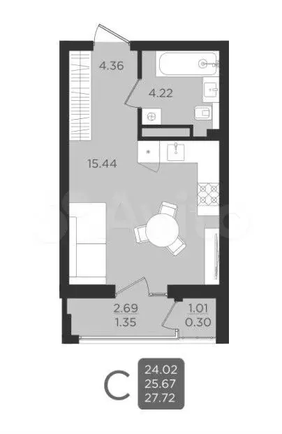 Квартира-студия, 27,7 м, 9/9 эт. - Фото 1