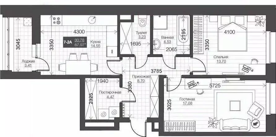 2-к кв. Татарстан, Казань ул. Аделя Кутуя, 100 (66.1 м) - Фото 2