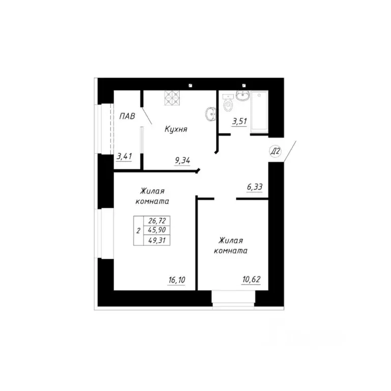 2-к кв. Башкортостан, Стерлитамак Прибрежный мкр,  (49.31 м) - Фото 1