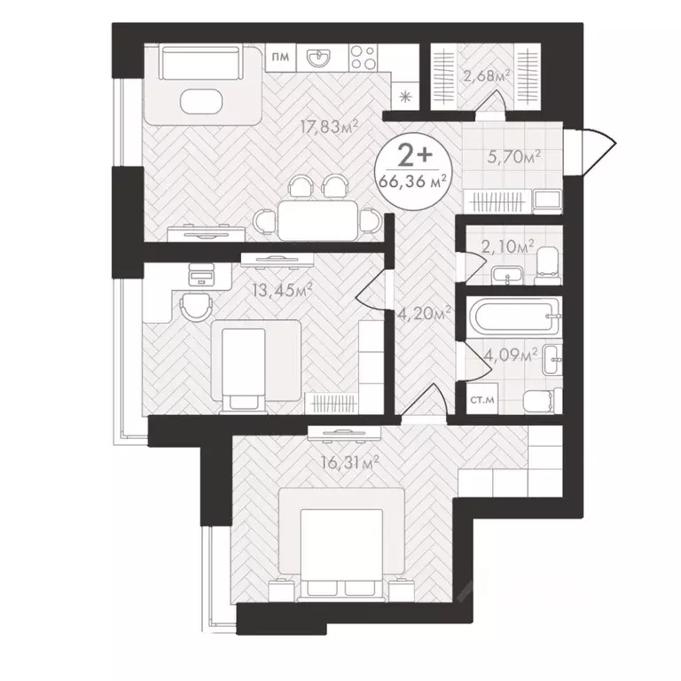 2-к кв. Башкортостан, Уфа Южный-2 мкр,  (66.36 м) - Фото 1