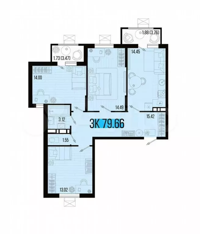3-к. квартира, 79,7 м, 2/7 эт. - Фото 1