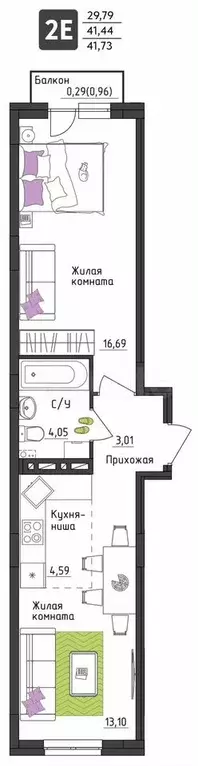 2-к. квартира, 41,7 м, 2/4 эт. - Фото 0