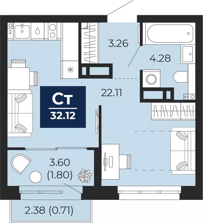 Квартира-студия: Тюмень, Камчатская улица, 109к1 (35.59 м) - Фото 1