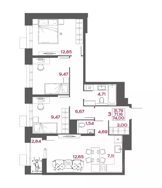 3-к кв. Пензенская область, Пенза Форт жилой комплекс (74.0 м) - Фото 0
