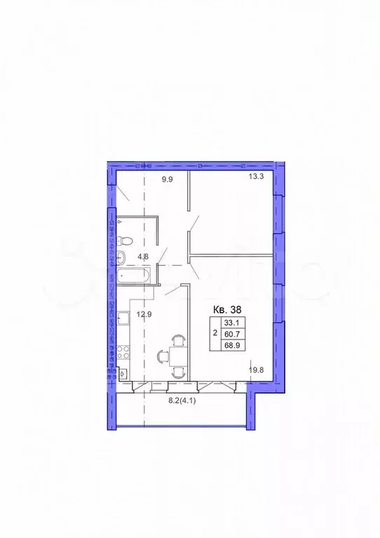 2-к. квартира, 68,9 м, 4/4 эт. - Фото 1
