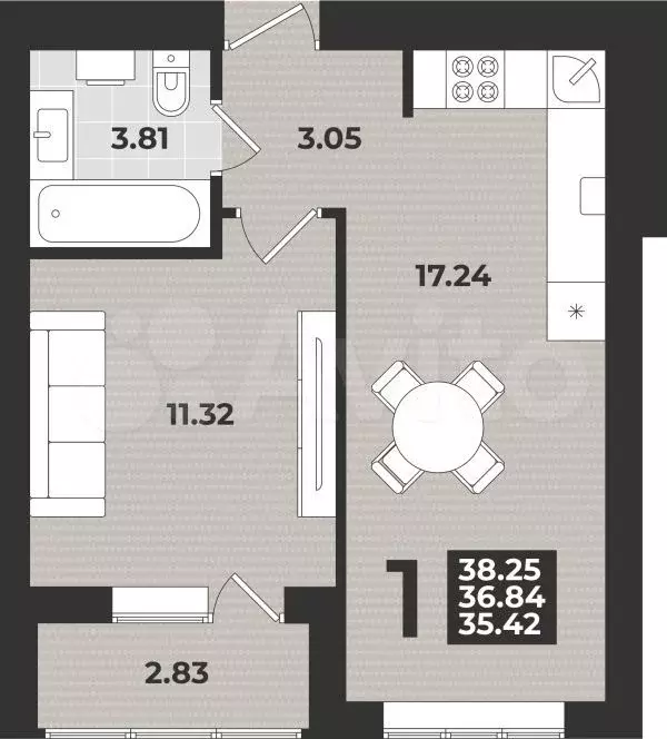 1-к. квартира, 38,3 м, 4/9 эт. - Фото 1