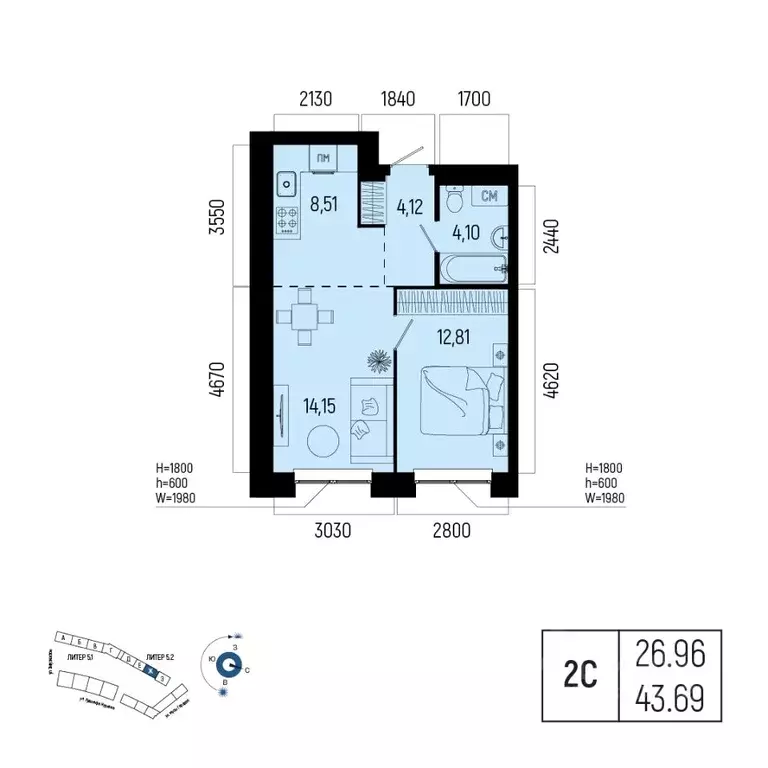 2-к кв. Башкортостан, Уфа Глумилино-1 мкр, Новатор жилой комплекс ... - Фото 1