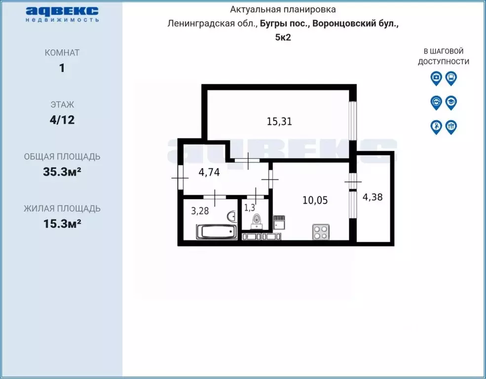 1-к кв. Ленинградская область, Всеволожский район, пос. Бугры бул. ... - Фото 2