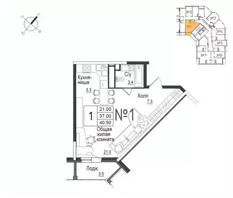 Студия Московская область, Наро-Фоминск ул. Новикова, 20/1 (40.8 м) - Фото 0