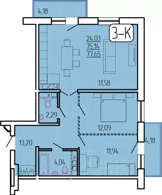 3-к кв. Бурятия, Улан-Удэ 140А мкр,  (77.65 м) - Фото 1